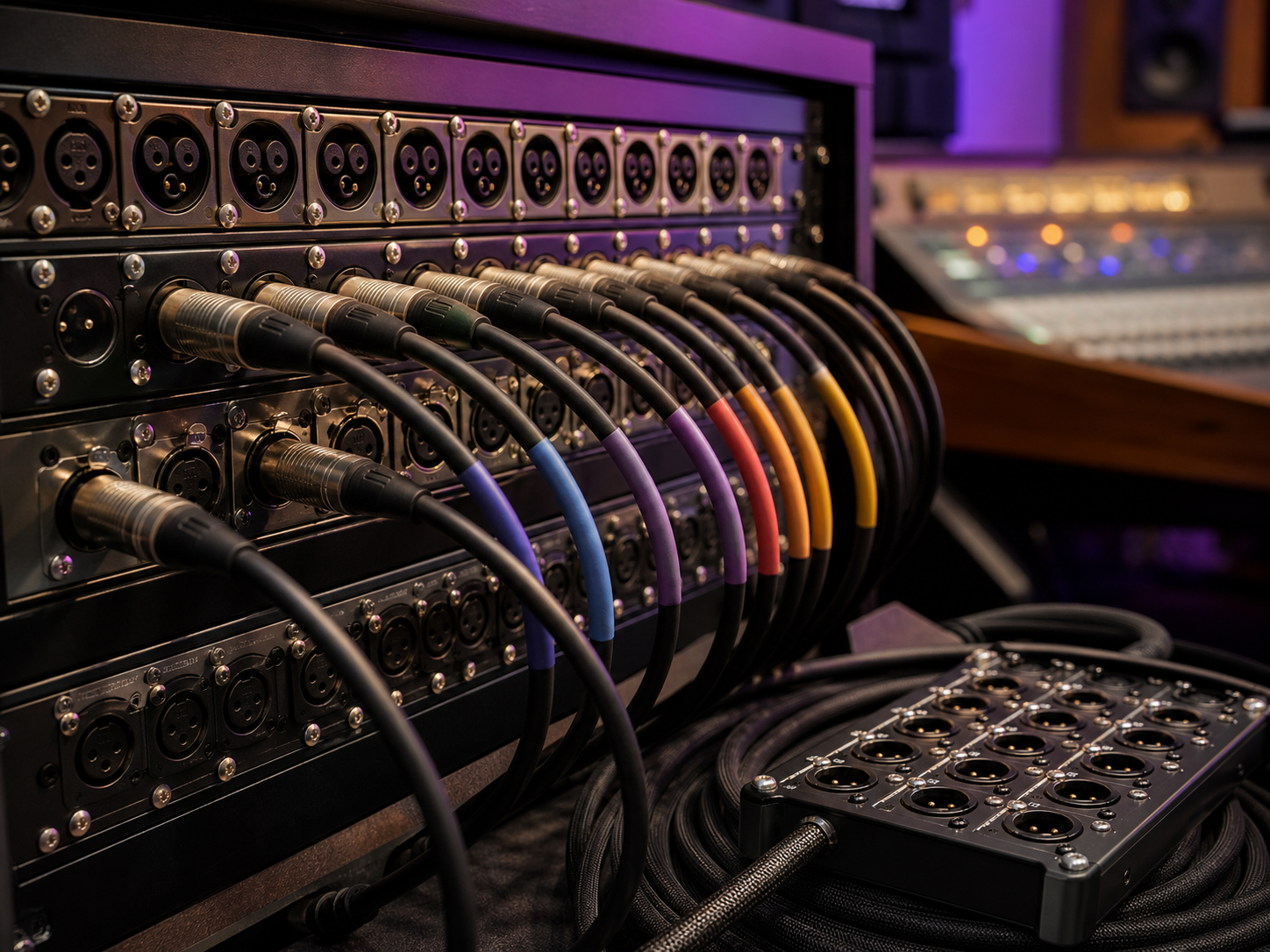 Baie de brassage et câblage analogique du studio d'enregistrement Acoustique, utilisée pour le doublage et la voix off