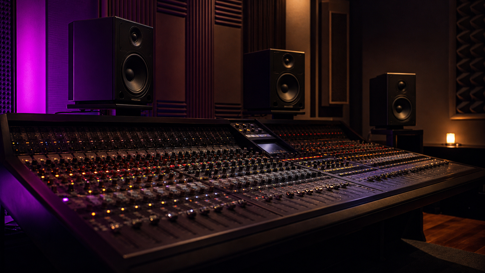Régie et console de mixage du studio d'enregistrement Acoustique à Cherbourg, ambiance tamisée
