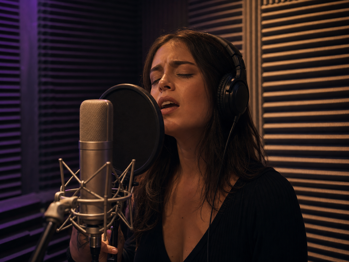 Chanteuse enregistrant une voix dans la cabine insonorisée du studio Acoustique à Cherbourg