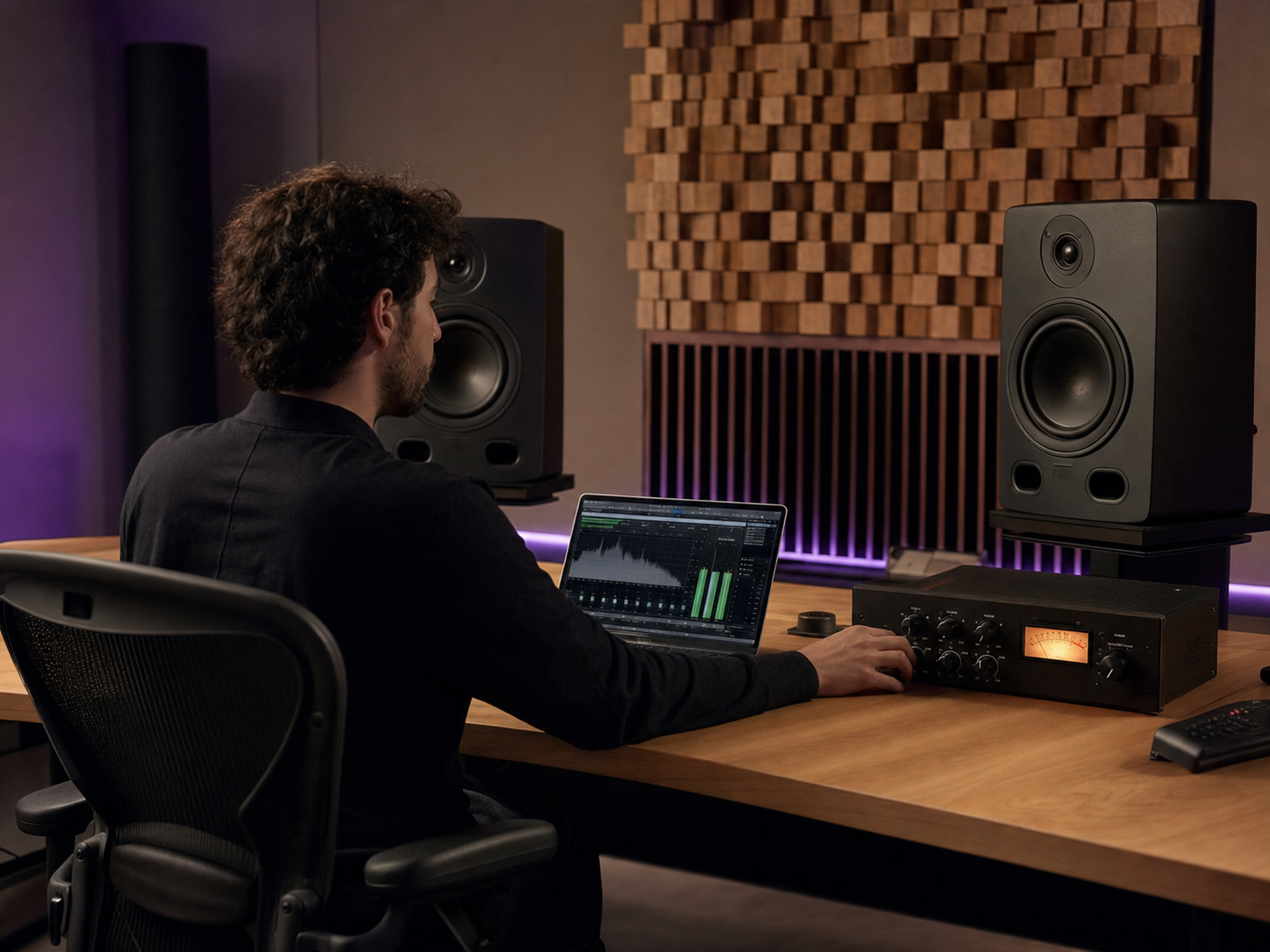 Ingénieur en mastering audio devant des enceintes de monitoring de précision au studio Acoustique
