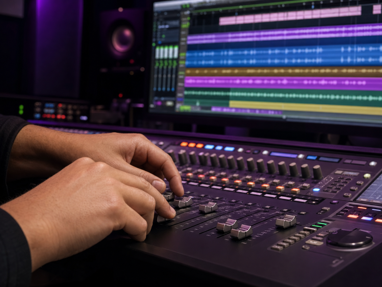 Ingénieur du son réglant une table de mixage numérique avec formes d'onde à l'écran, studio Acoustique