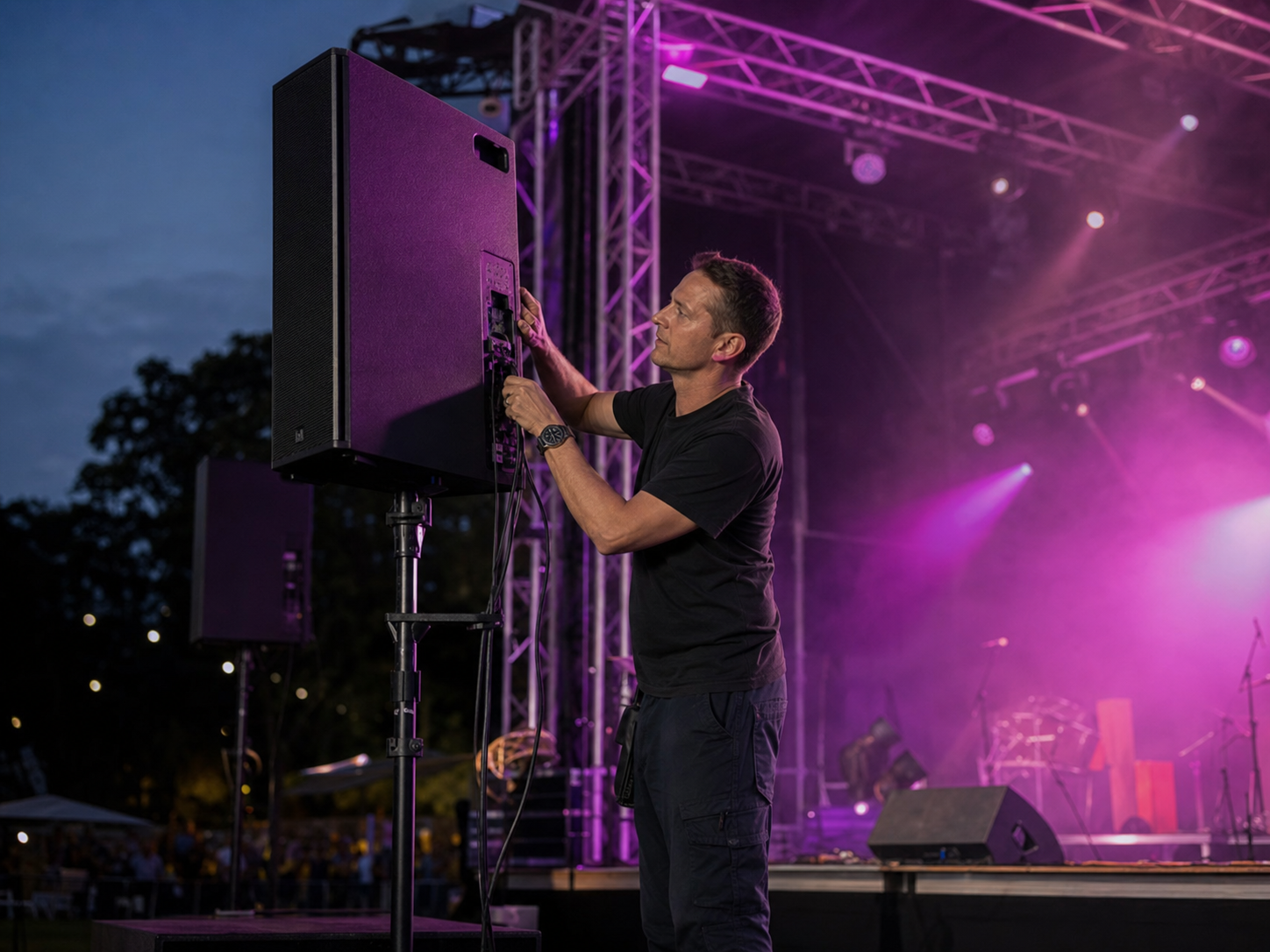Technicien réglant un système de sonorisation pour un concert en direct, prestation Acoustique