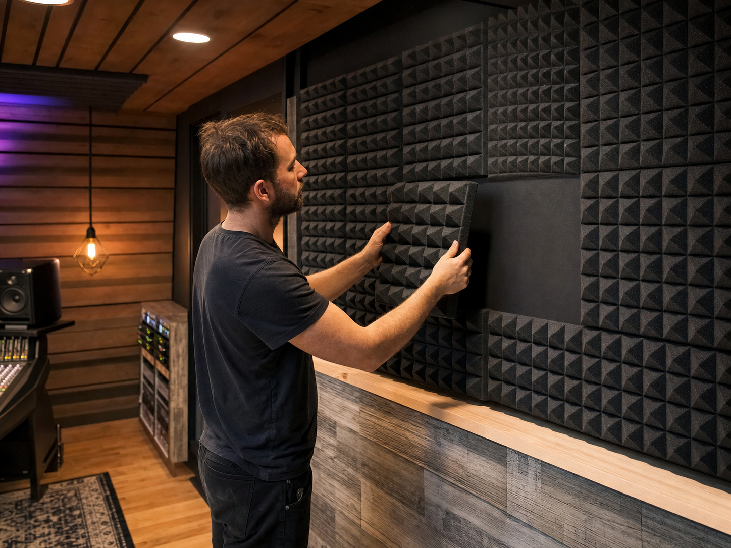 Technicien installant des panneaux de traitement acoustique en mousse alvéolée dans une salle